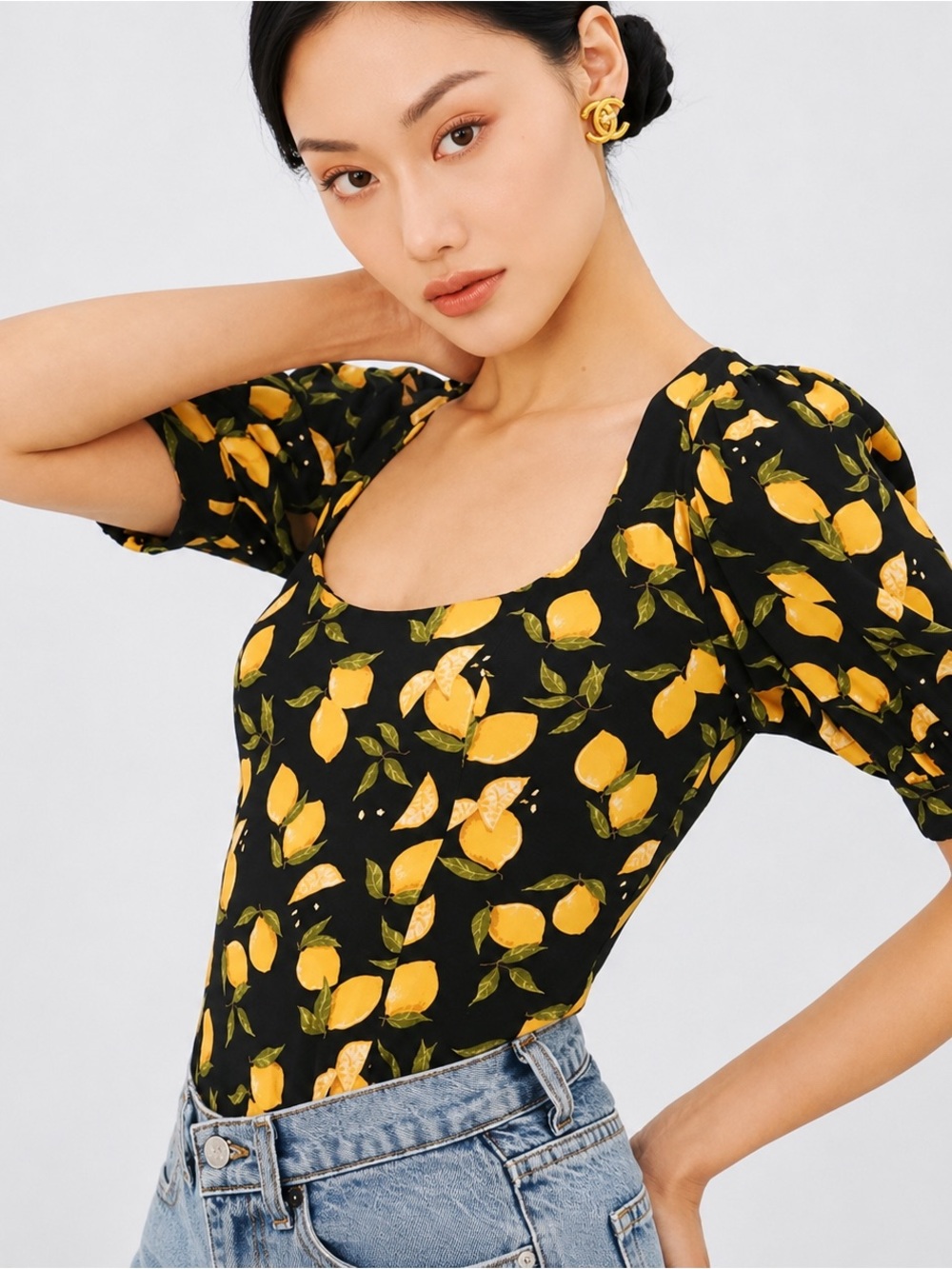 Reformation Lemon Print Smocked Back Top – Size 2